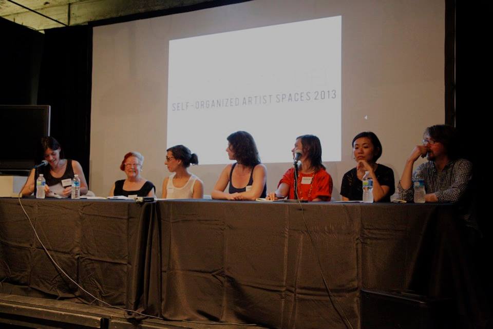 Panel on Regional Issues for Artist Spaces which included (L to R) moderater Bridget Donahue of Cleopatra's, Martha Wilson from Franklin Furnace, Rebecca Mazzei from Trinosophes, Ruthie Stringer and Dana Bishop-Root from Transformazium, and Yuka Yokoyama and David Dempewolf from Marginal Utility.SOS: Self Organized Spaces, Remake/Remodel Conference August 2013. Photograph by Kelsey Halliday Johnson